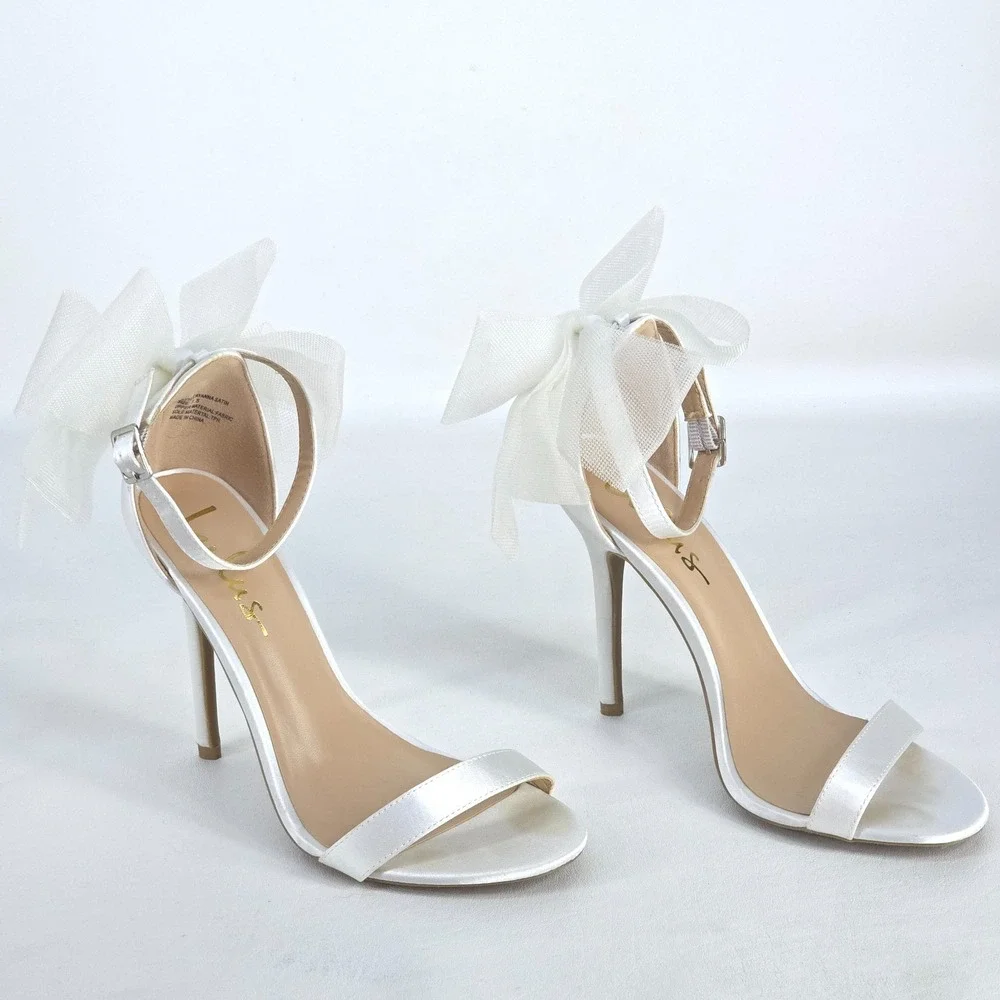 Lulu's Ayanna Satin Bow Ankle Strap Heels Womens 7.5 White Sandals Wedding Shoes